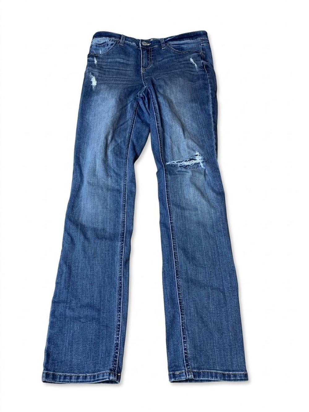 Reitmans Jeans Distressed Straight Leg Mid Rise Blue Denim Size Petites 27